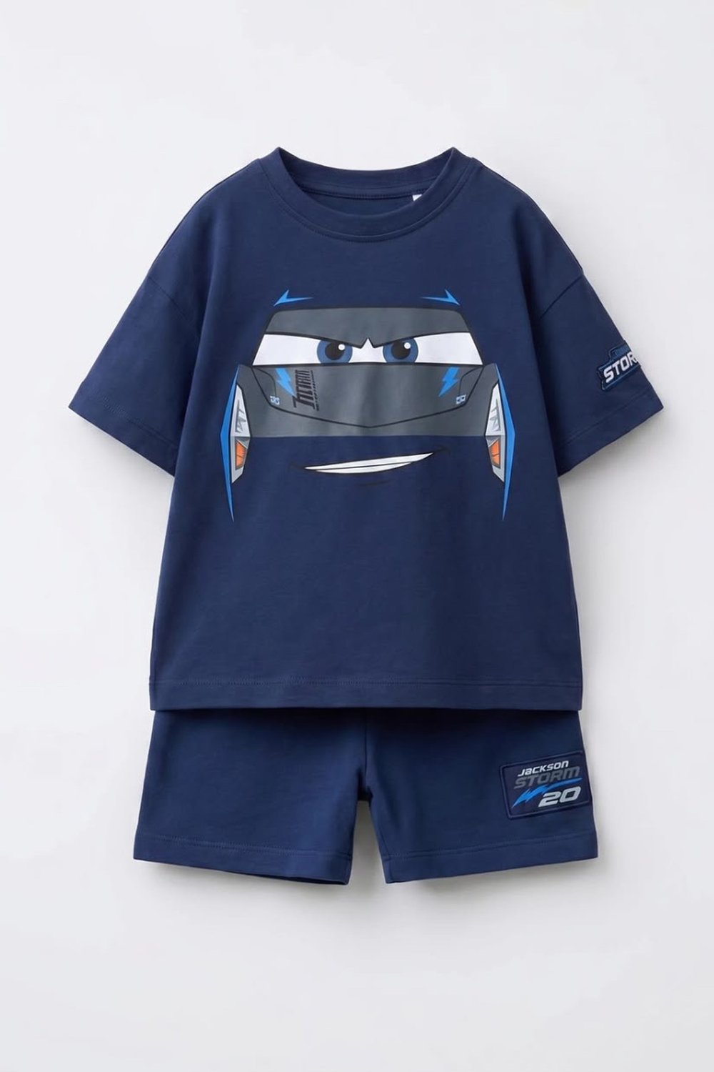 Erkek Çocuk Lacivert Pamuklu Bisiklet Yaka Araba Baskılı T-Shirt ve Şort Alt Üst Takım