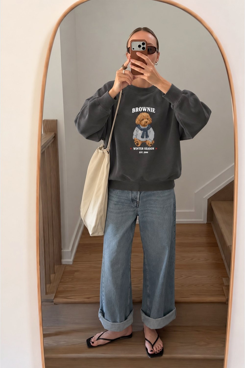 Kadın Premium Kumaş 3 İplik Şardonlu Ayıcık Baskılı Sweatshirt