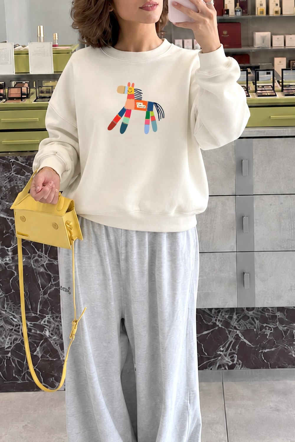 Kadın Premium Kumaş 3 İplik Şardonlu At Baskılı Sweatshirt