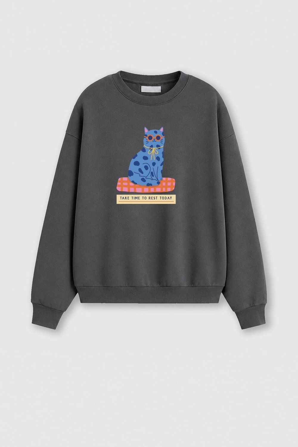 Kadın Premium Kumaş 3 İplik Şardonlu Kedi Baskılı Sweatshirt