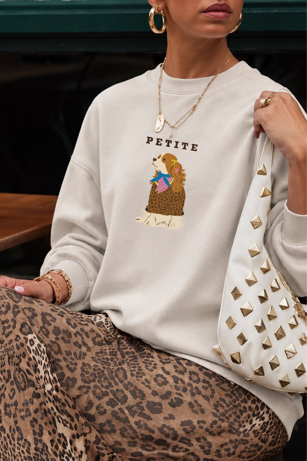 Kadın Premium Kumaş 3 İplik Şardonlu Köpek Baskılı Sweatshirt