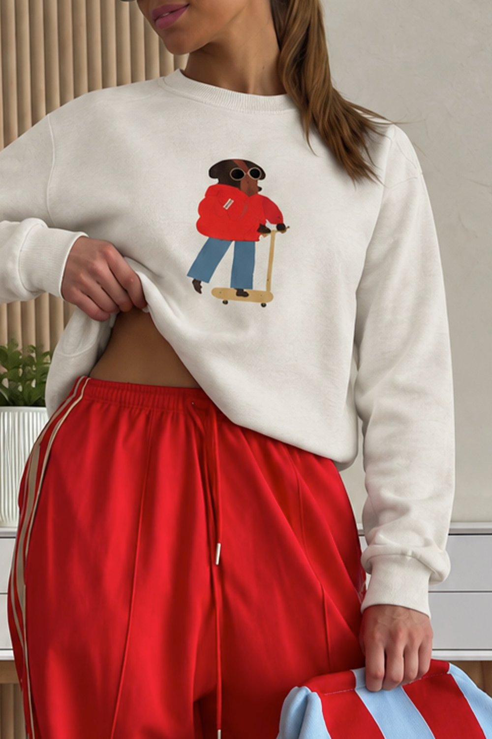 Kadın Premium Kumaş 3 İplik Şardonlu Köpek Baskılı Sweatshirt