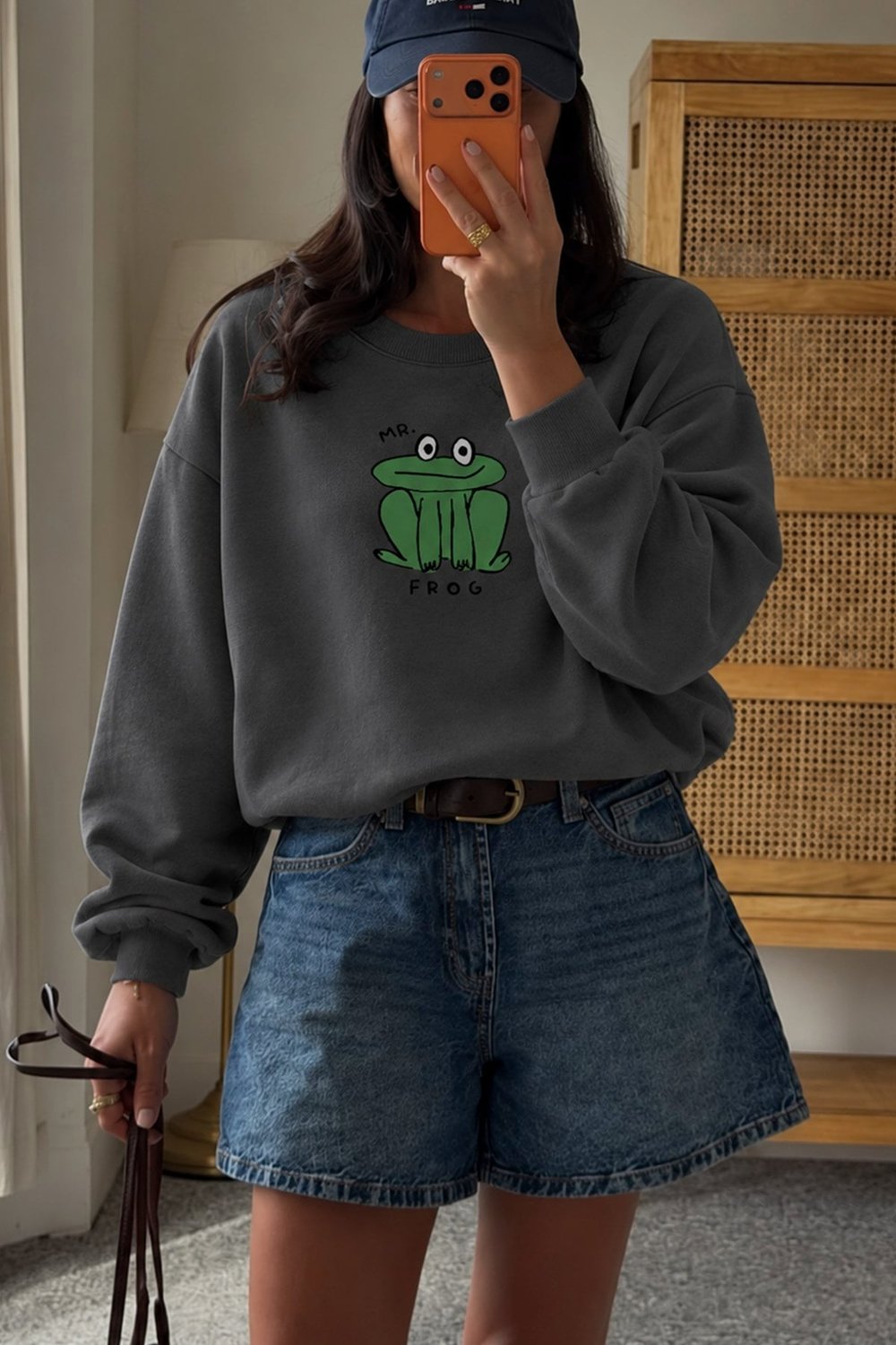 Kadın Premium Kumaş 3 İplik Şardonlu Kurbağa Baskılı Sweatshirt