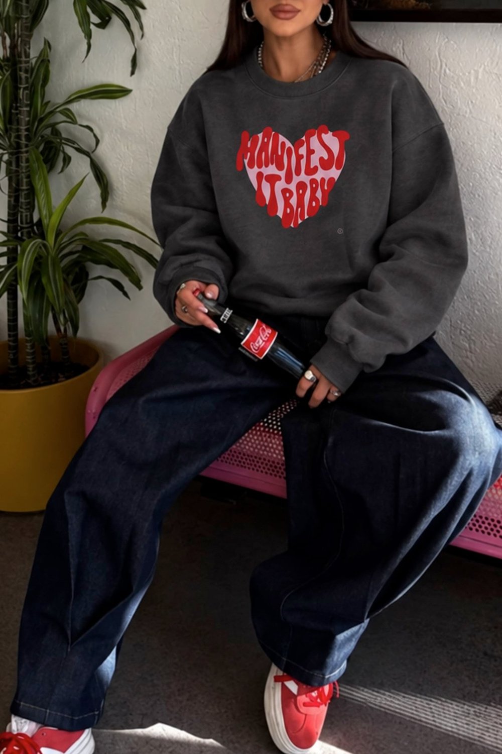 Kadın Premium Kumaş 3 İplik Şardonlu Manifest Baskılı Sweatshirt