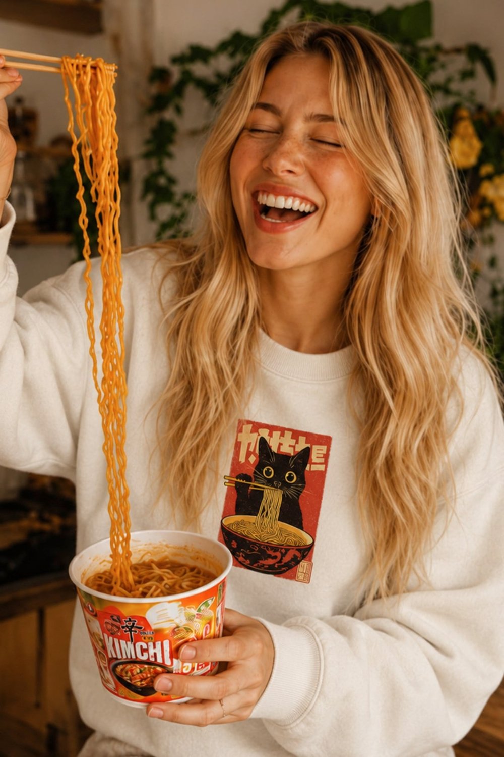 Kadın Premium Kumaş 3 İplik Şardonlu Noodle Baskılı Sweatshirt