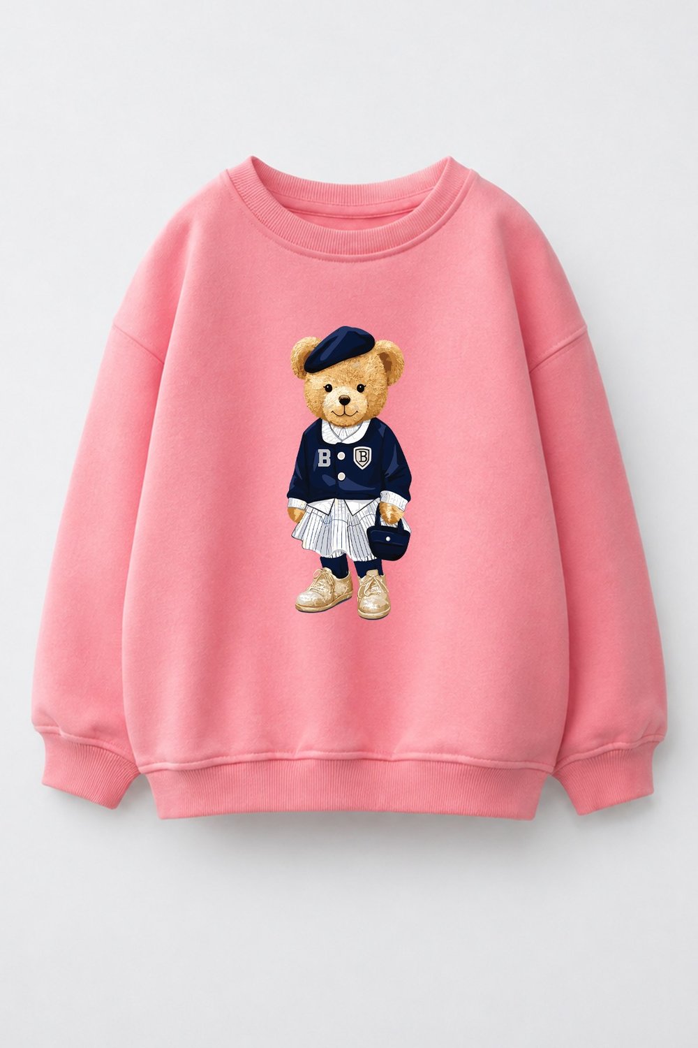 Kız Çocuk 3 İplik Kumaş Pamuklu Ayıcık Baskılı Sweatshirt
