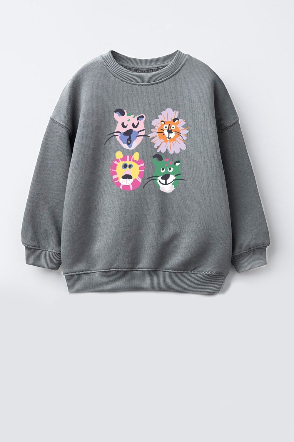 Kız Çocuk 3 İplik Kumaş Pamuklu Hayvan Baskılı Sweatshirt