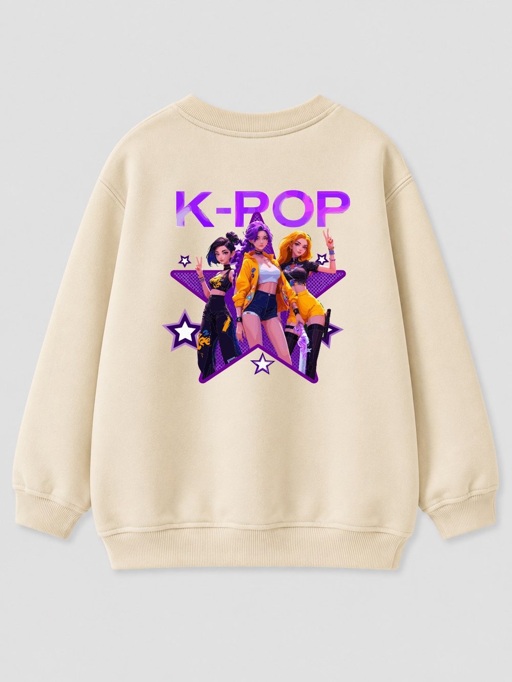 Kız Çocuk 3 İplik Kumaş Pamuklu K-Pop Baskılı Sweatshirt