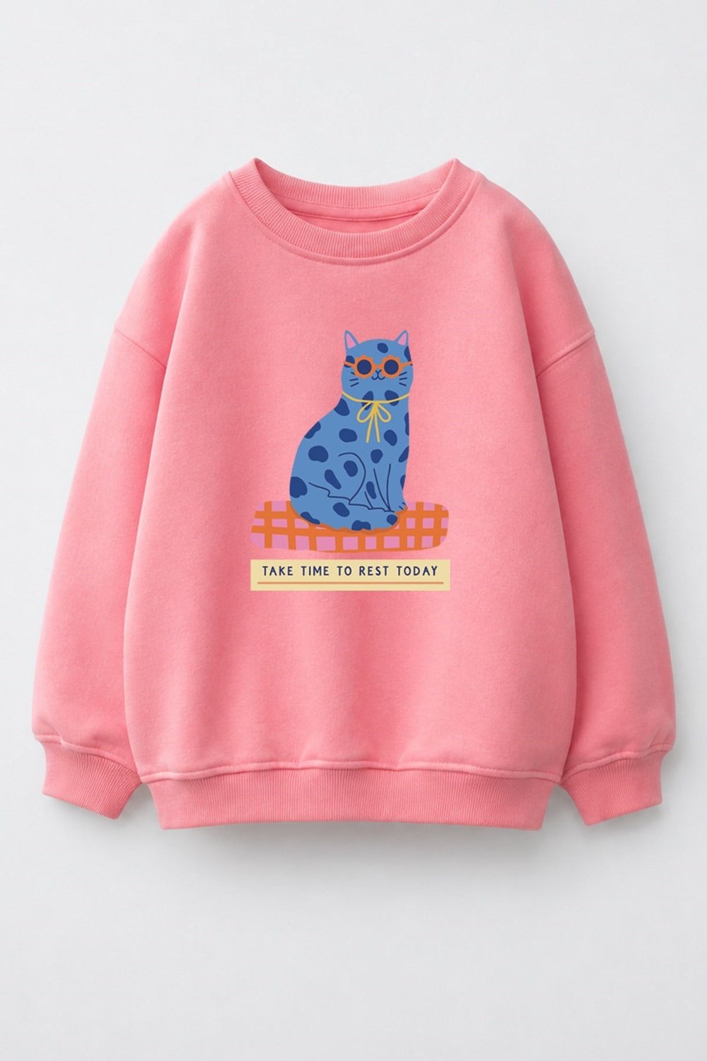 Kız Çocuk 3 İplik Kumaş  Pamuklu Kedi Baskılı Sweatshirt