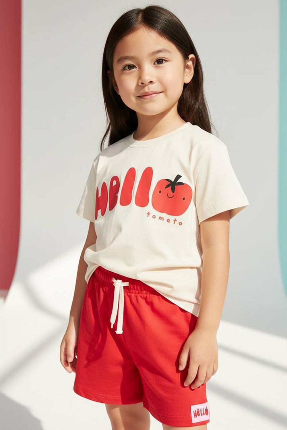 Kız Çocuk Pamuklu Baskılı T-Shirt ve Kırmızı Şort 2'li Takım