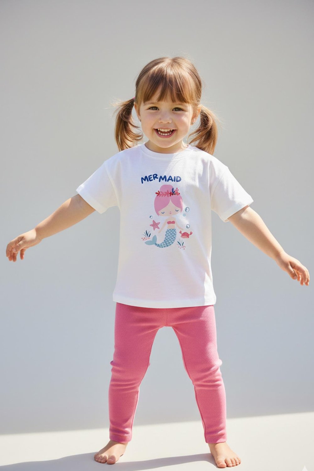 Kız Çocuk Pamuklu Deniz Kızı Baskılı T-Shirt ve Pembe Fitilli Tayt 2'li Takım