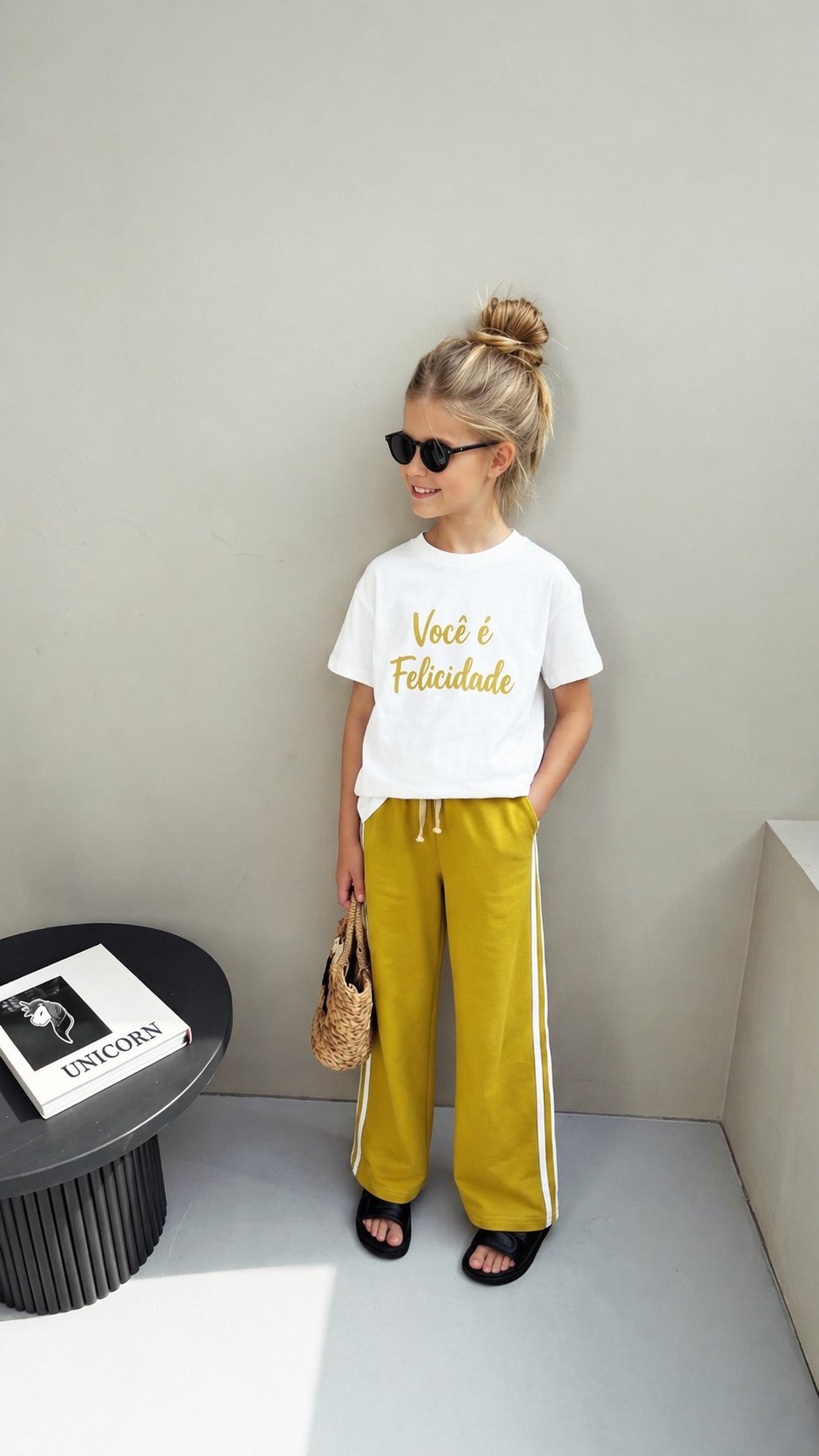 Kız Çocuk Pamuklu Ekru Baskılı T-Shirt ve Yeşil Şerit Detaylı Eşofman Alt Üst Takım
