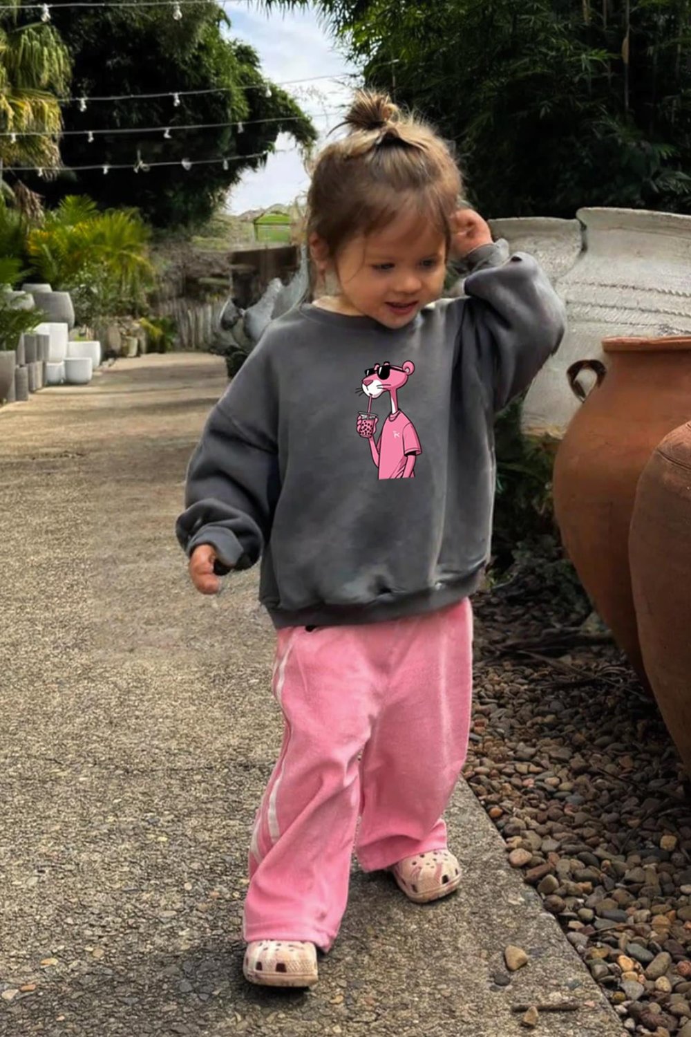 Kız Çocuk Pembe Panter Baskılı 3 İplik Kumaş Pamuklu Sweatshirt