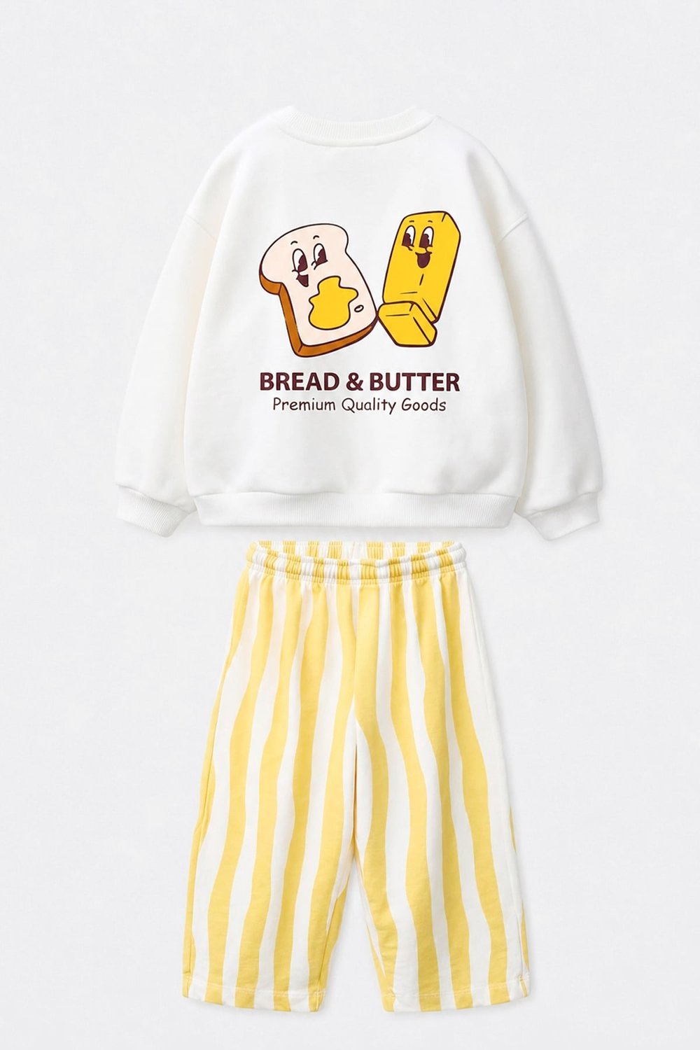 Unisex Çocuk Baskılı Ekru Sweatshirt ve Sarı Çizgili Eşofman Alt Üst Takım