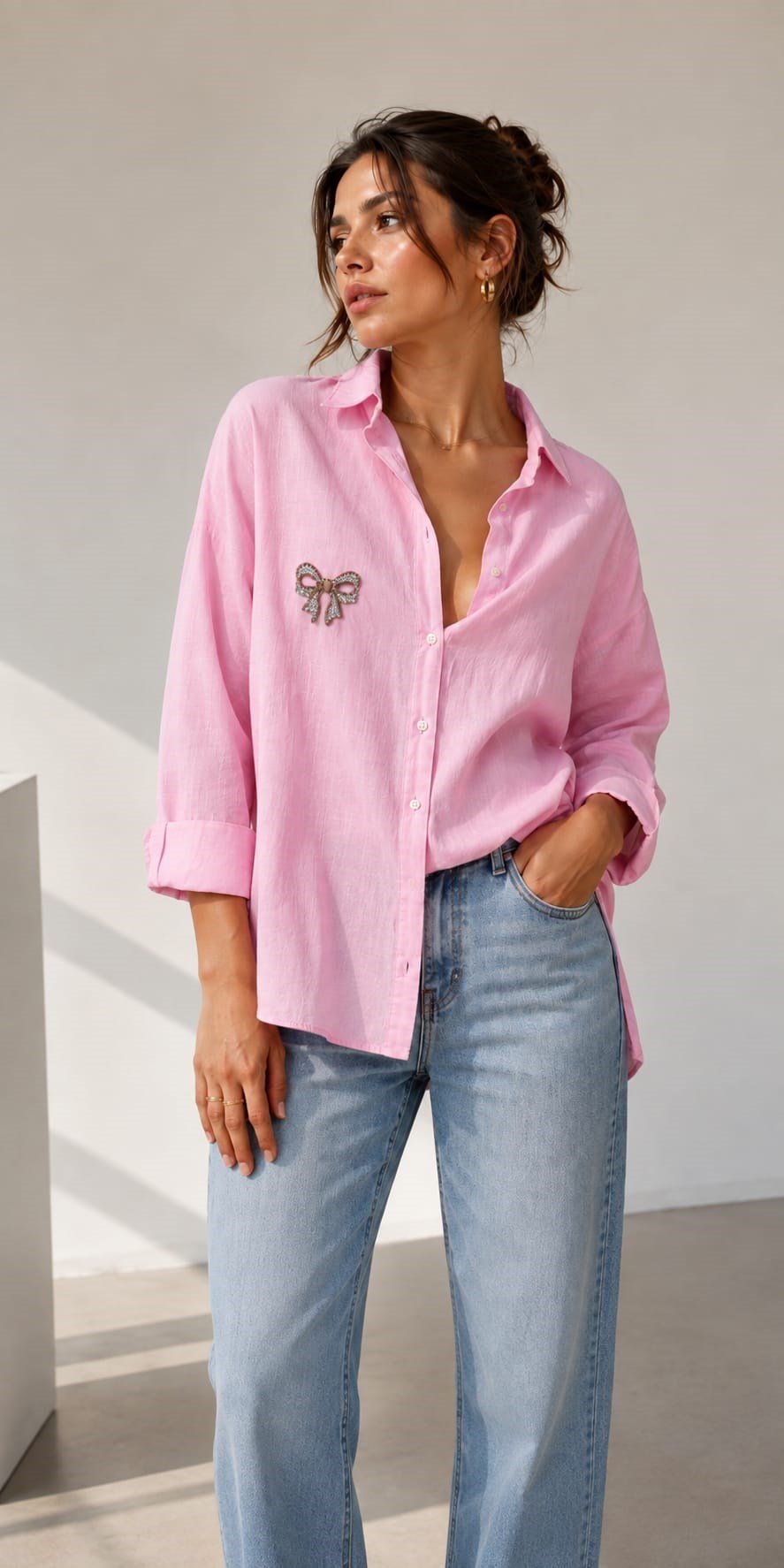  Taş Aksesuarlı Tencel   Pembe Oversıze Gömlek 