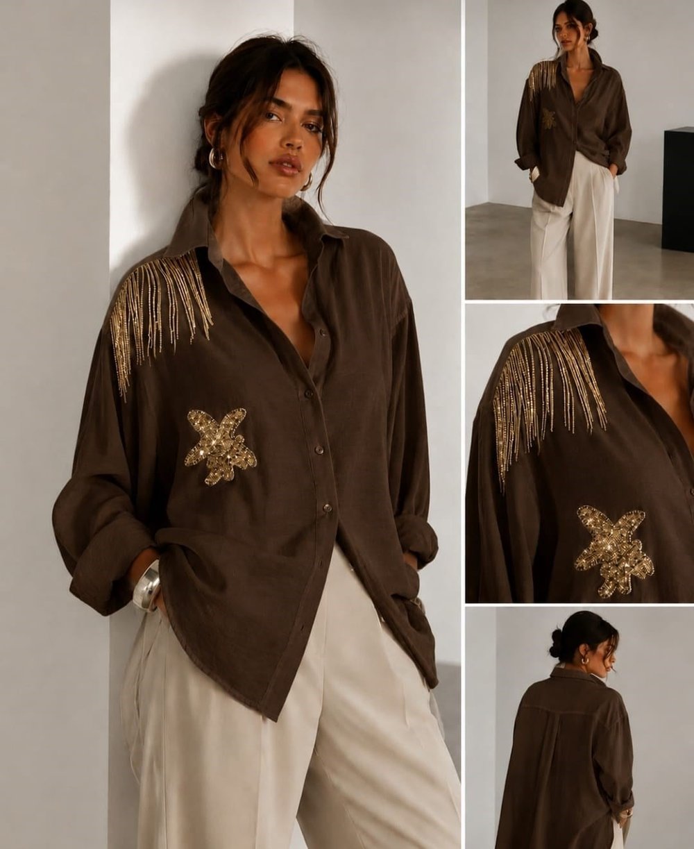 Taş Aksesuarlı Tencel  Kahverengi Oversıze Gömlek 
