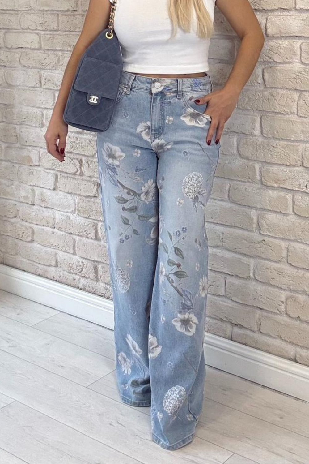 Felicia İthal Çiçek Desenli Yüksek Bel Likralı Jean Pantolon Esnek Skinny Denim