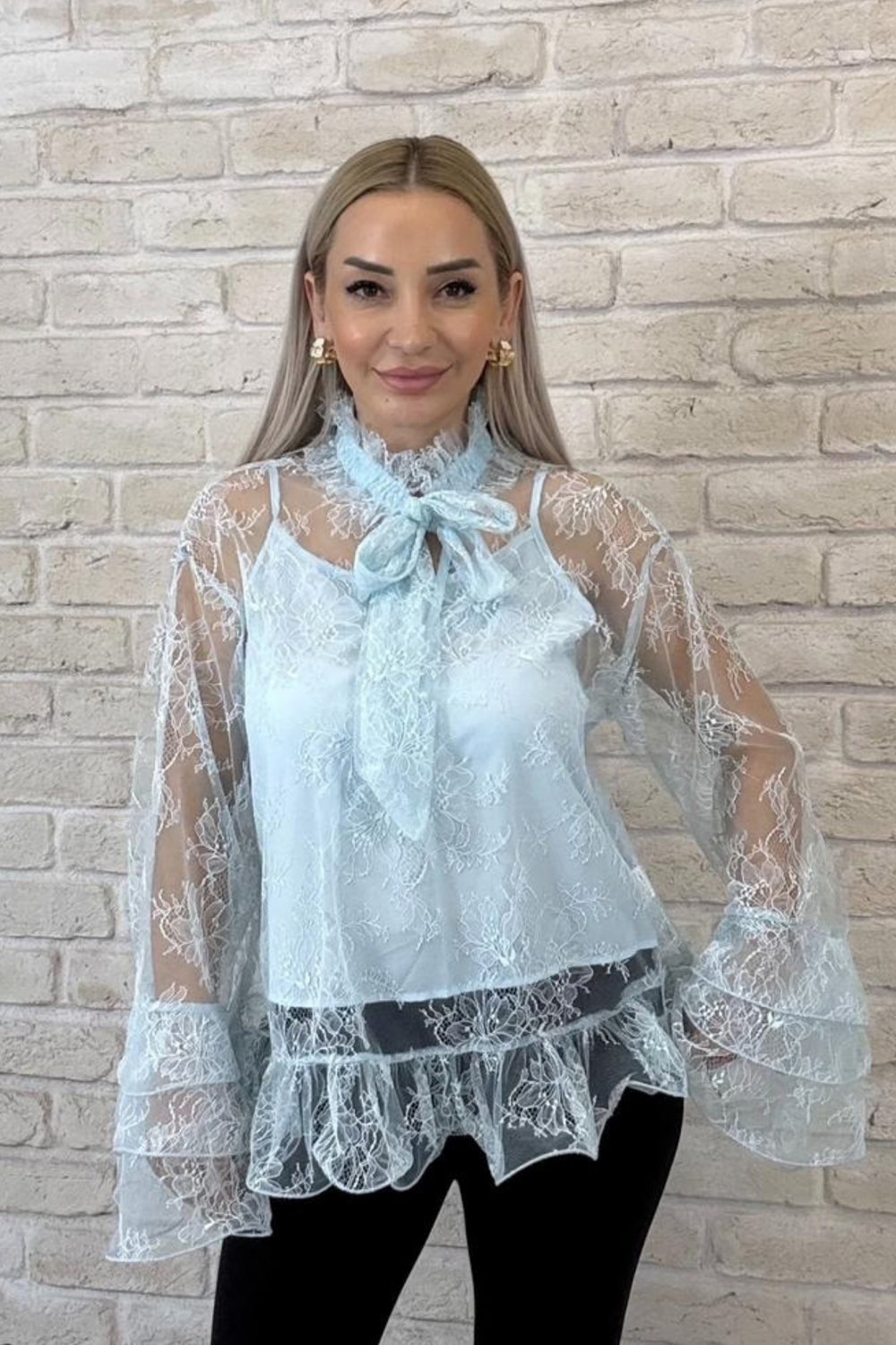Garciel Mavi Kendinden Bodyli İthal Tül Gömlek