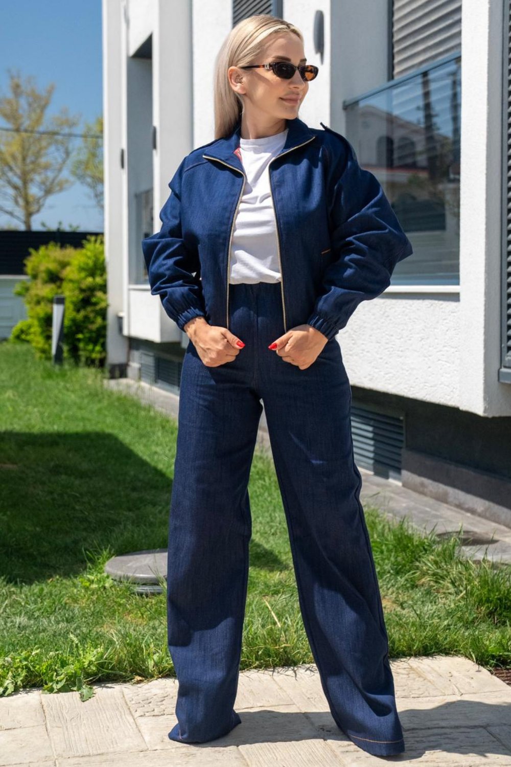 Kadın Denim Takım Astarlı Ceket ve Lastikli Bel Pantolon