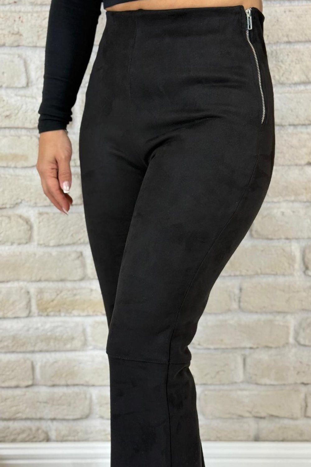 Nubuk Kumaş Siyah Bol Paça Pantolon