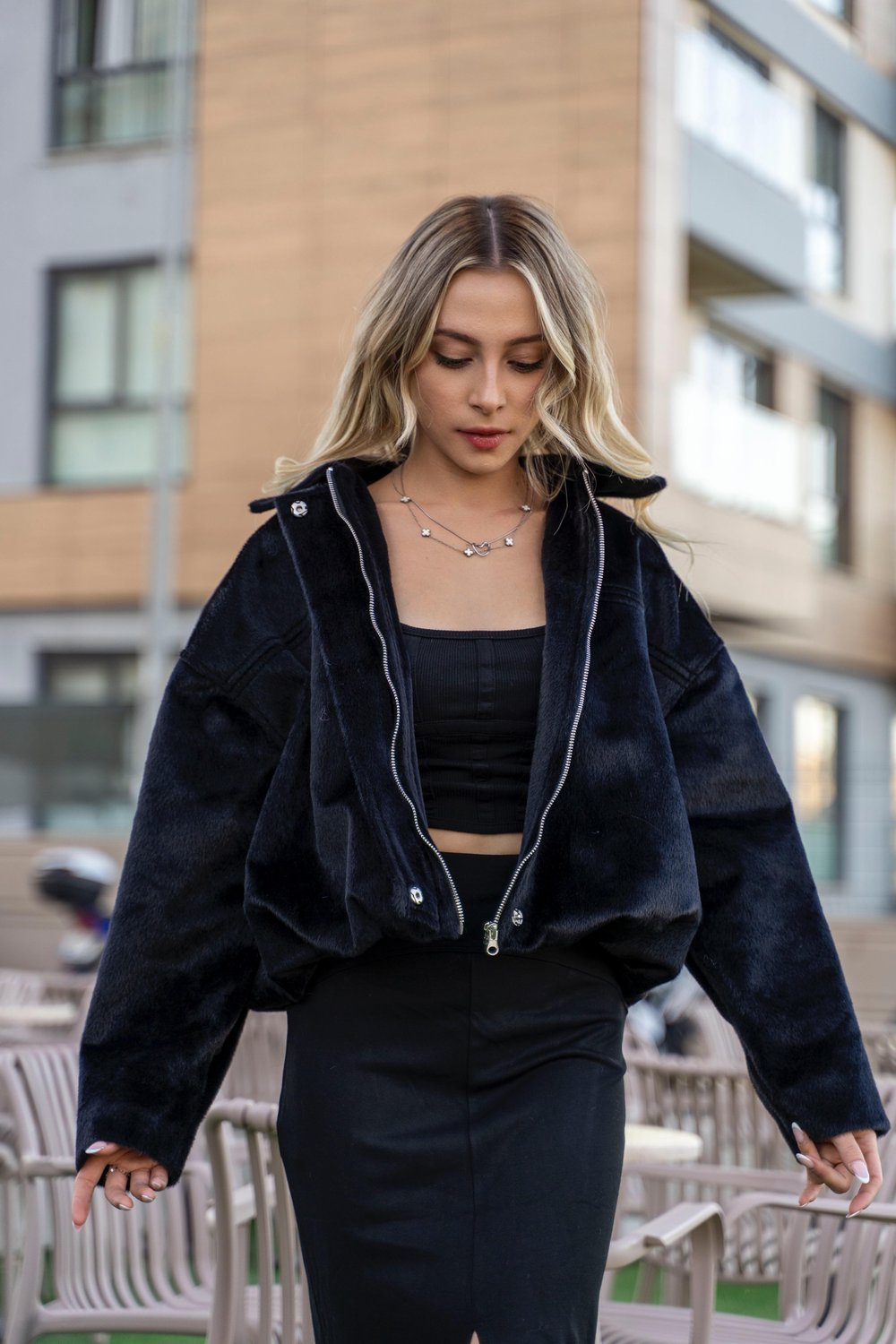 Crop Peluş Fermuarlı Ceket 