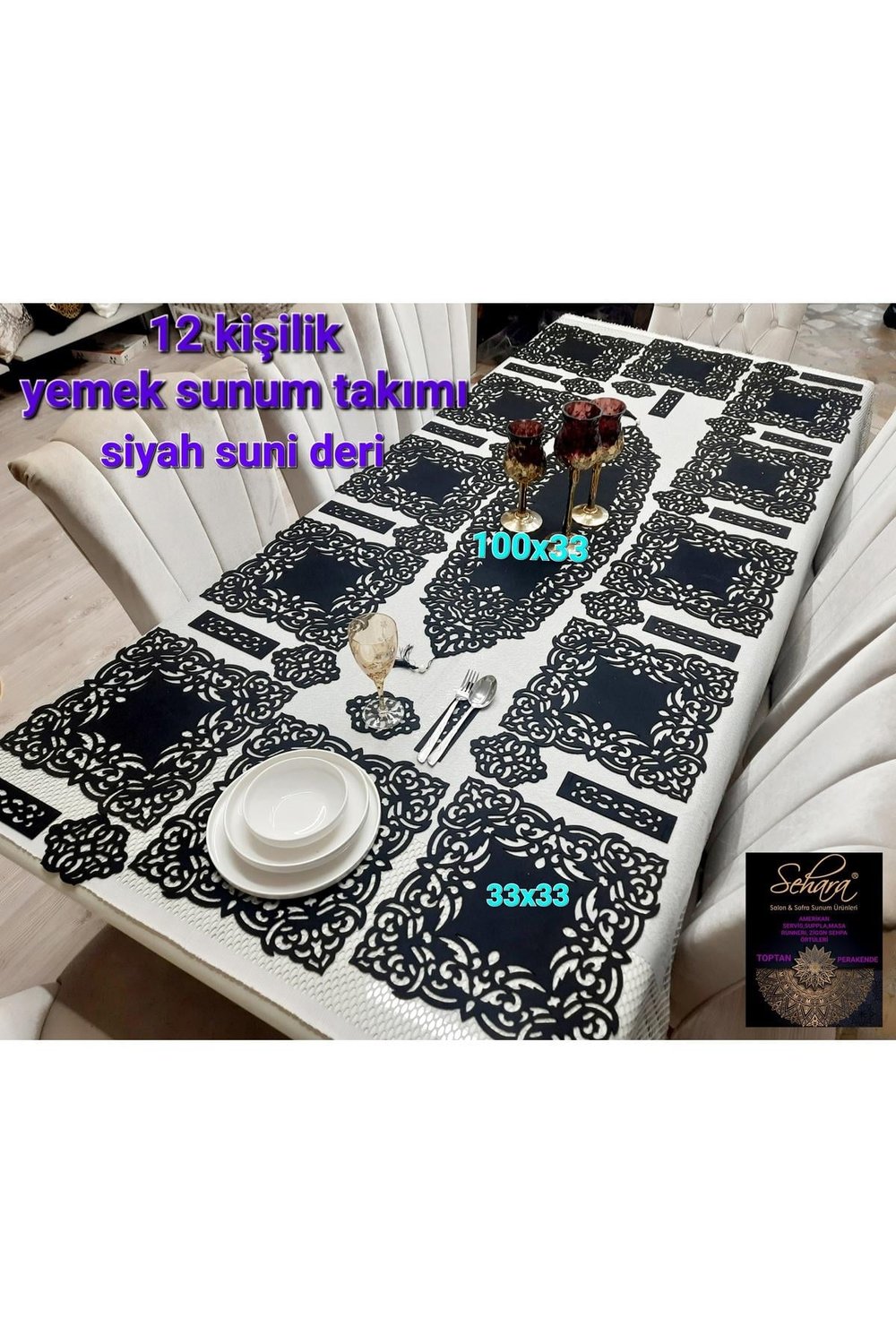 1 Adet Runner(100X33CM)/12 Adet Servis(33X33CM)/12 B.altlığı/12 Kaşıklık/siyah Suni Deri