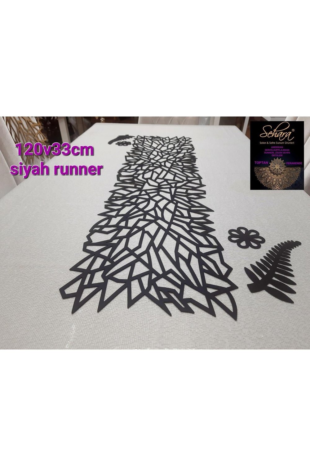 1 Runner/120x33cm/siyah/suni Deri (2 YAPRAK,2 ÇİÇEK MOTİFİ ILE) Toplam 5 Parça