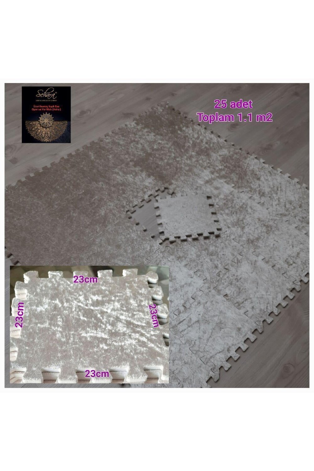 Eva/yer Matı, Puzzle Halısı/üzeri Kadife Kumaş Kaplı/23x23cm'den 25 Parça/toplam 1.10 M2/açık Vizon