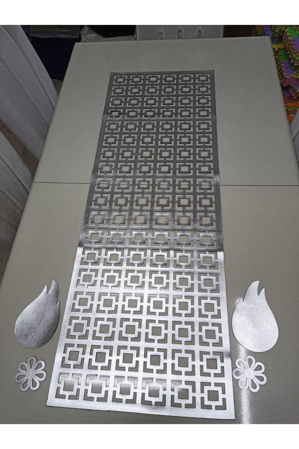 Runner/masa Ranırı/135x48cm/suni Deri/5 Parça(4parça Kahve Sunumluğu Hediye/gümüş