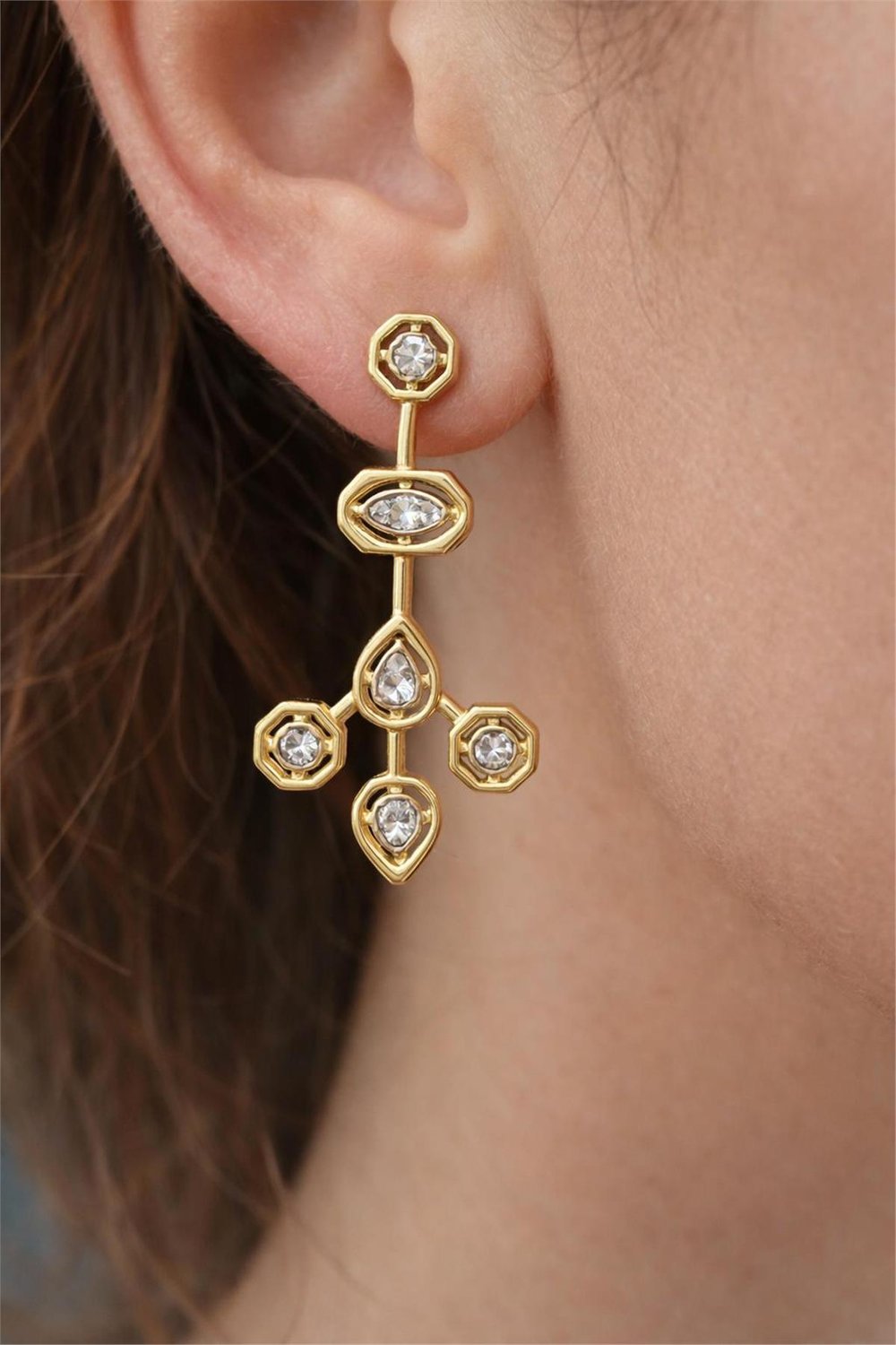 14 Ayar Gold Zirkon Taş Damla Uzun Model Küpe 