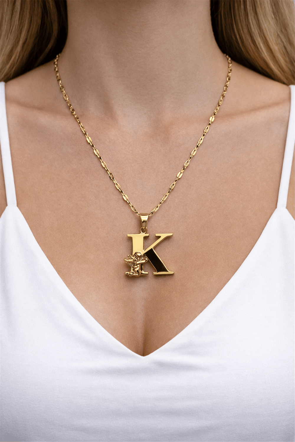 Çelik Gold Melek Model K Harfi Kolye 