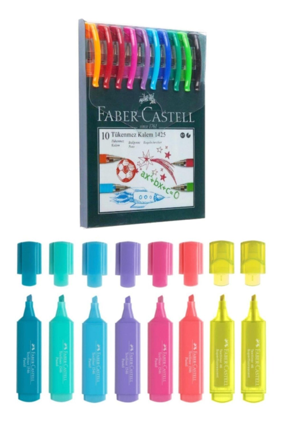 1425 10 Renk Tükenmez Kalem + Faber Textliner 1546 Fosforlu Kalem 6+2