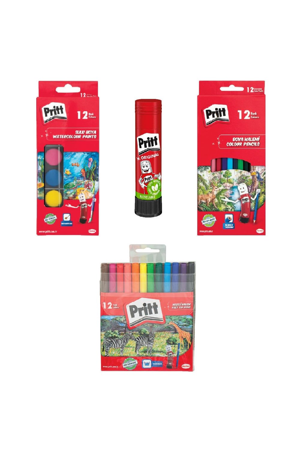 Boyama Seti (12 li Sulu Boya+ 12 li Kuru Boya+ 12 li Keçeli Kalem Boya + Pritt Yapıştırıcı)