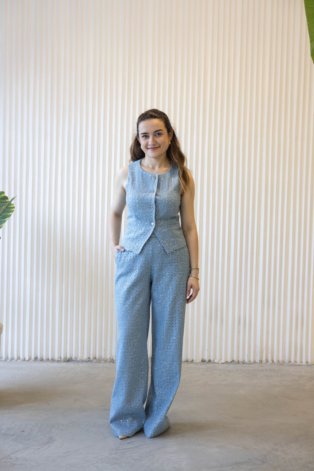 Payetli Denim Takım Mavi