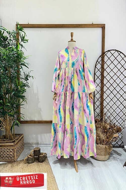 BATİK PEMBE SARI ELBİSE