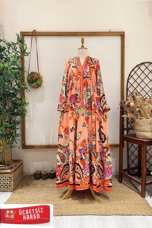 ÇİZGİ ÇİÇEKLİ ELBİSE PEMBE