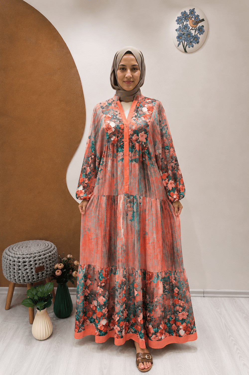 SİMLİ FLOWER VİSKON ELBİSE Yavruağzı