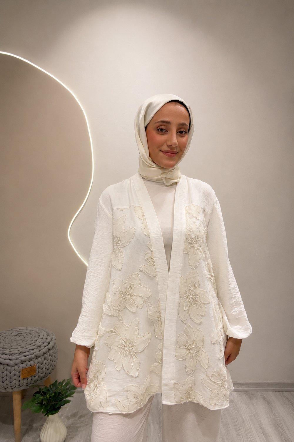 SİMLİ TÜL KİMONO Beyaz