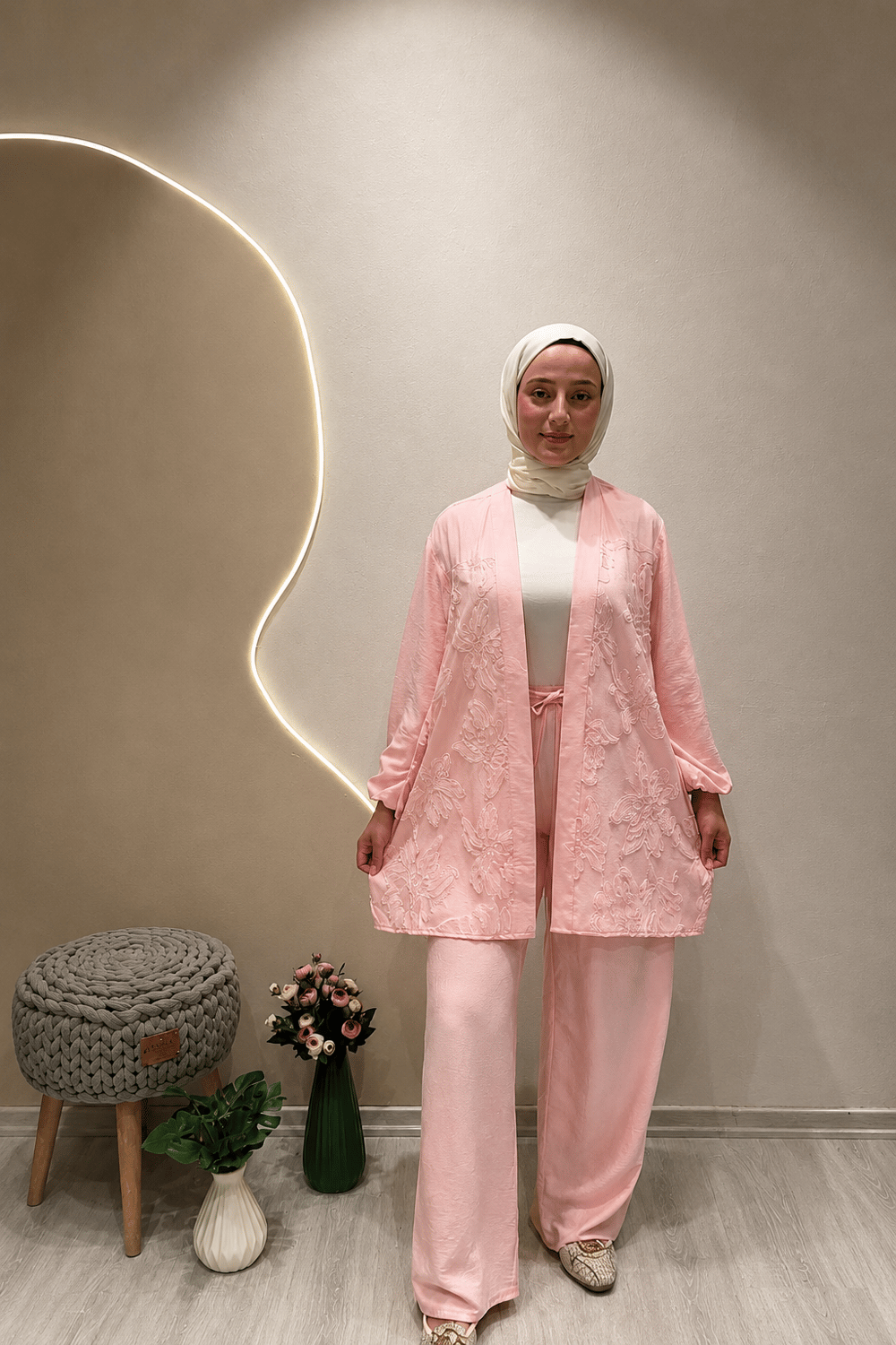SİMLİ TÜL KİMONO Pembe