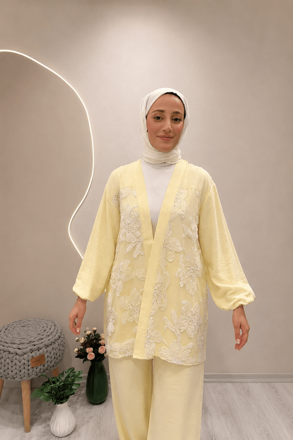 SİMLİ TÜL KİMONO Sarı