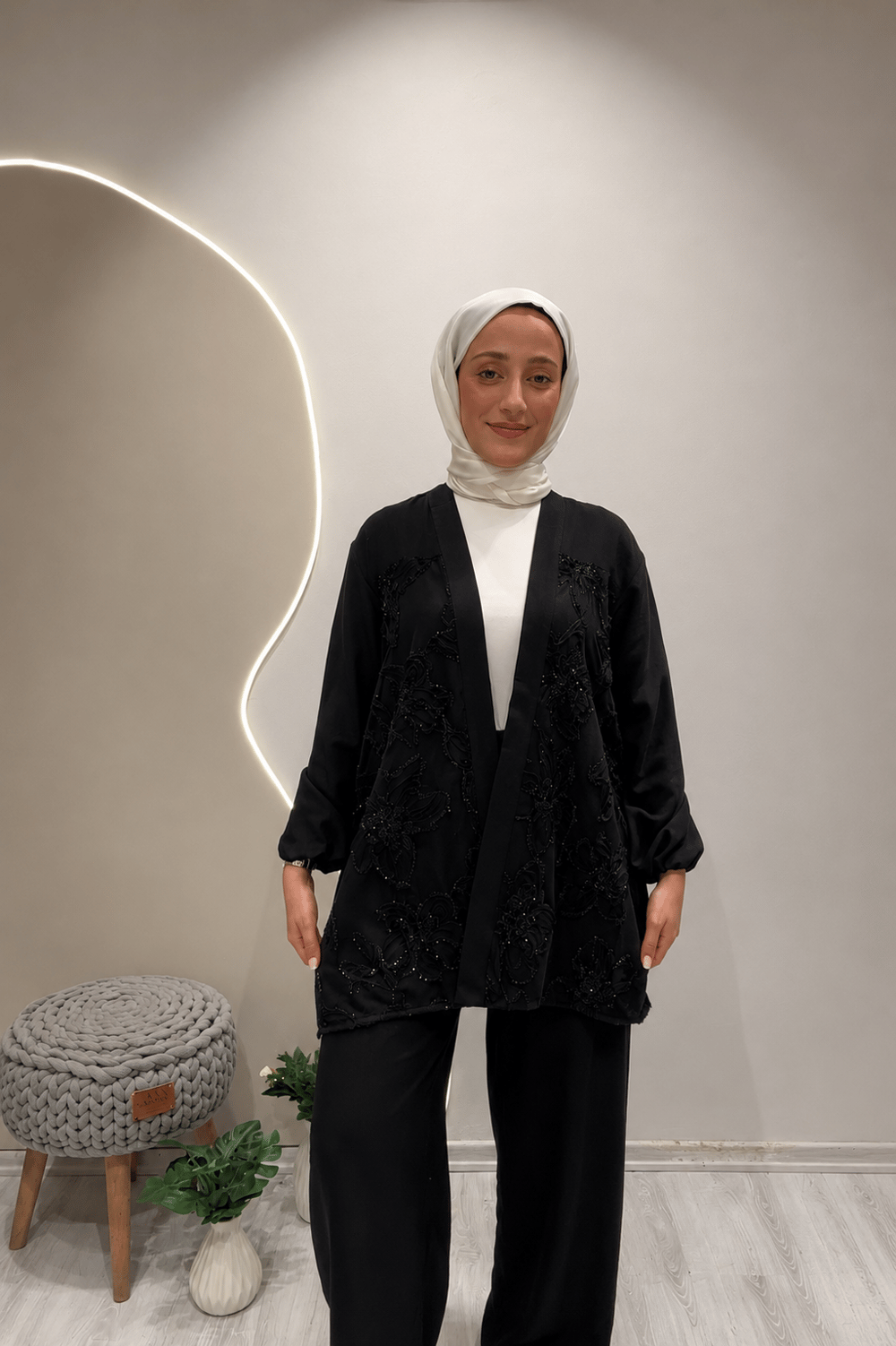 SİMLİ TÜL KİMONO Siyah