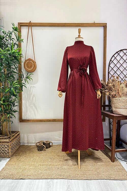 TAŞLI ÇİÇEK BROŞLU ABİYE Bordo