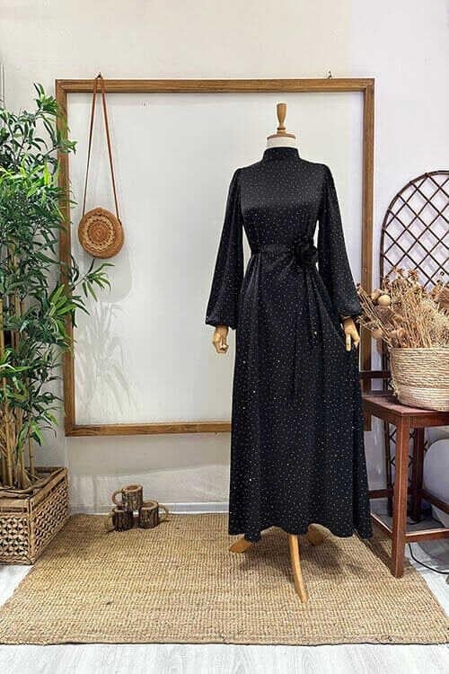 TAŞLI ÇİÇEK BROŞLU ABİYE Siyah