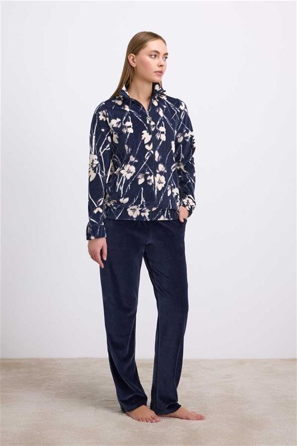 Anemon Kadın Uzun Kollu Çiçek Desenli Fermuarlı Sweatshirt ve Düz Kadife Pantolon Takım 11535