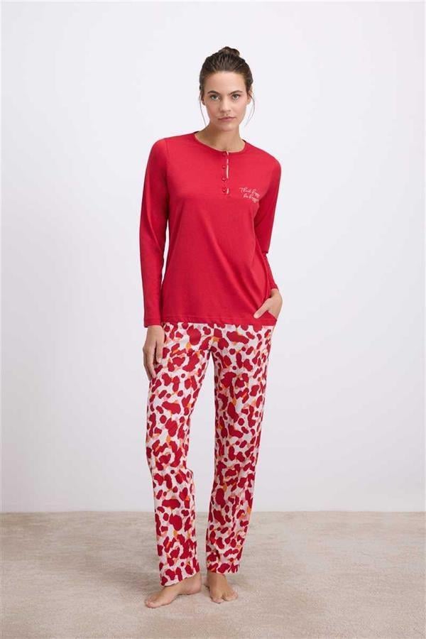 Anıl Kadın Uzun Kollu T-Shirt ve Desenli Pantolon Pijama Takımı Nefes Alabilen Kumaş 11562