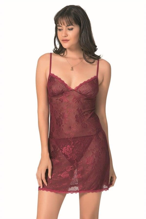 Arias Closet Bordo Kısa Jakarlı Gecelik