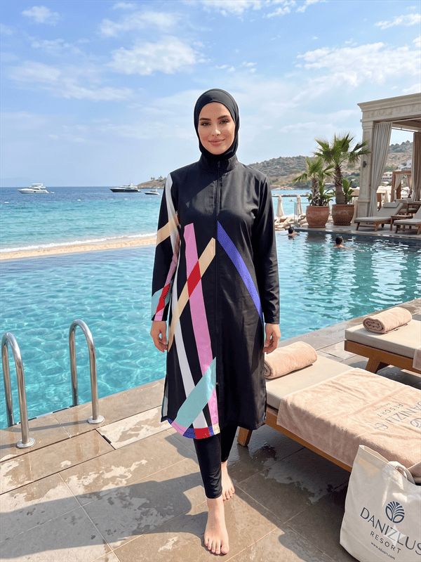 Arias Closet Geometrik Desenli Siyah Tam Kapalı Spor Likralı Fermuarlı Tesettür Mayo Takımı