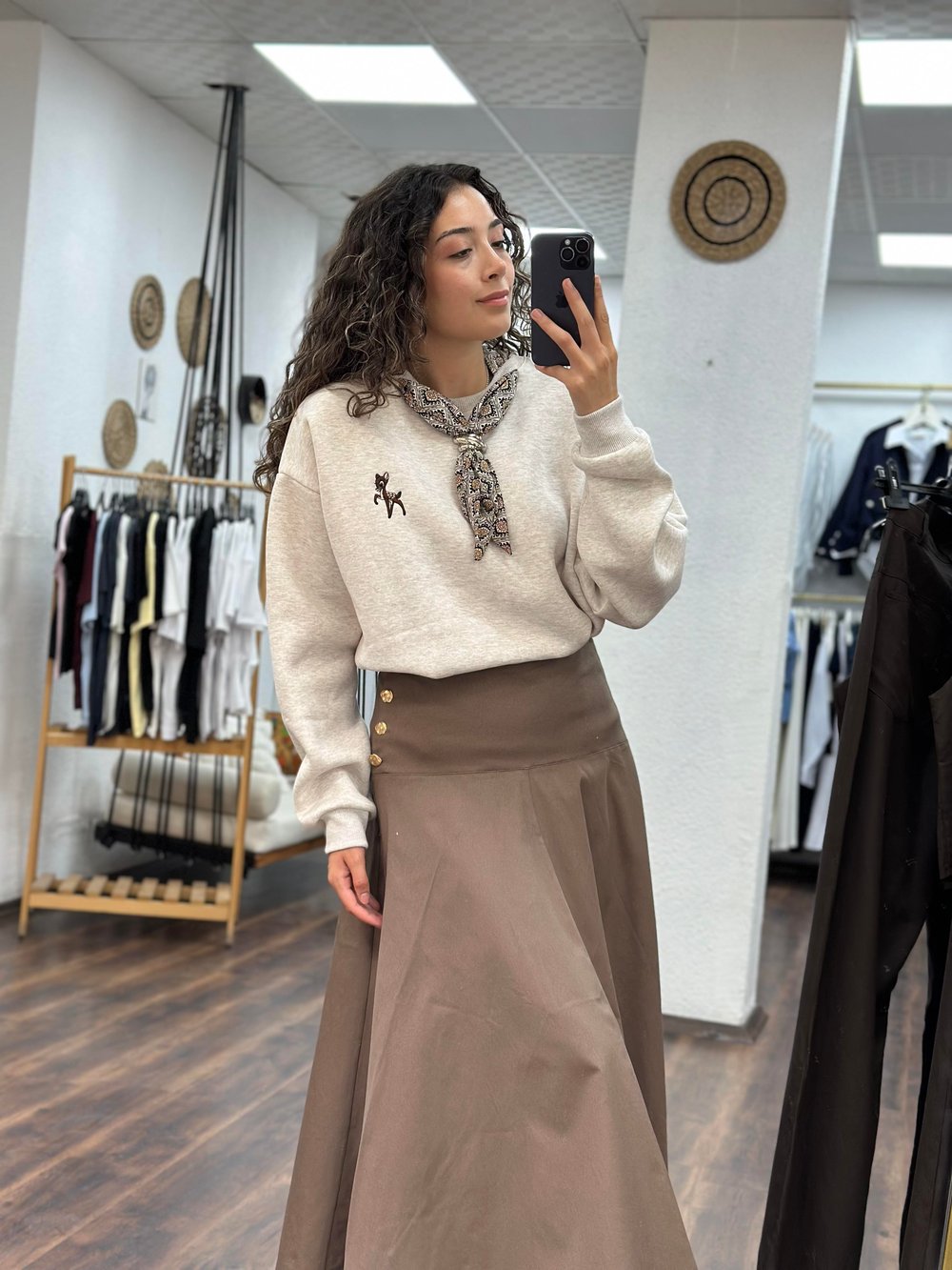Gold Düğmeli Midi Bej Etek 