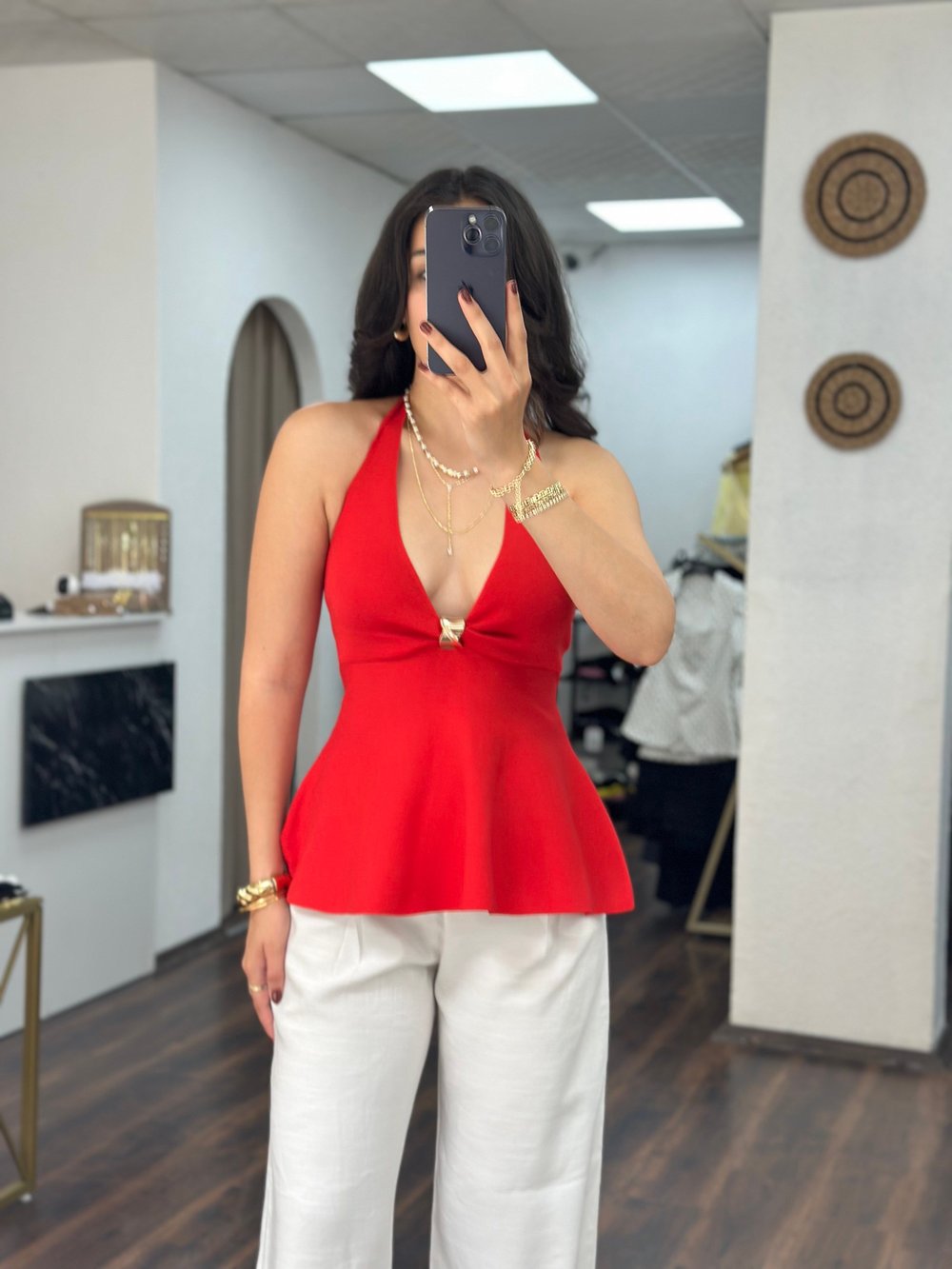 Kırmızı Halter Dekolteli Bluz