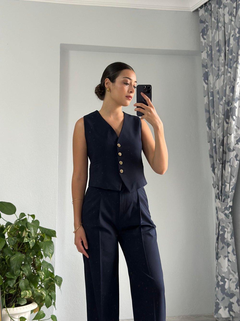 Lacivert Gold Düğmeli Yelek Pantolon Takım